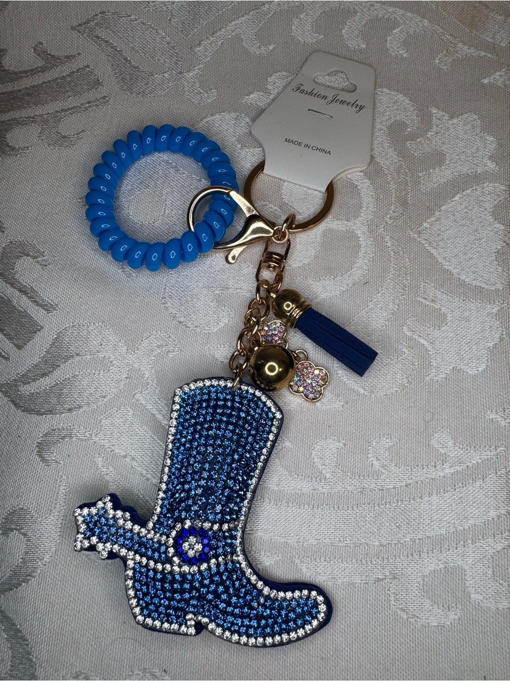 New Fashion Jewelry Blue Rhinestone Cowboy Boot Keychain with Blue Coil Wristlet